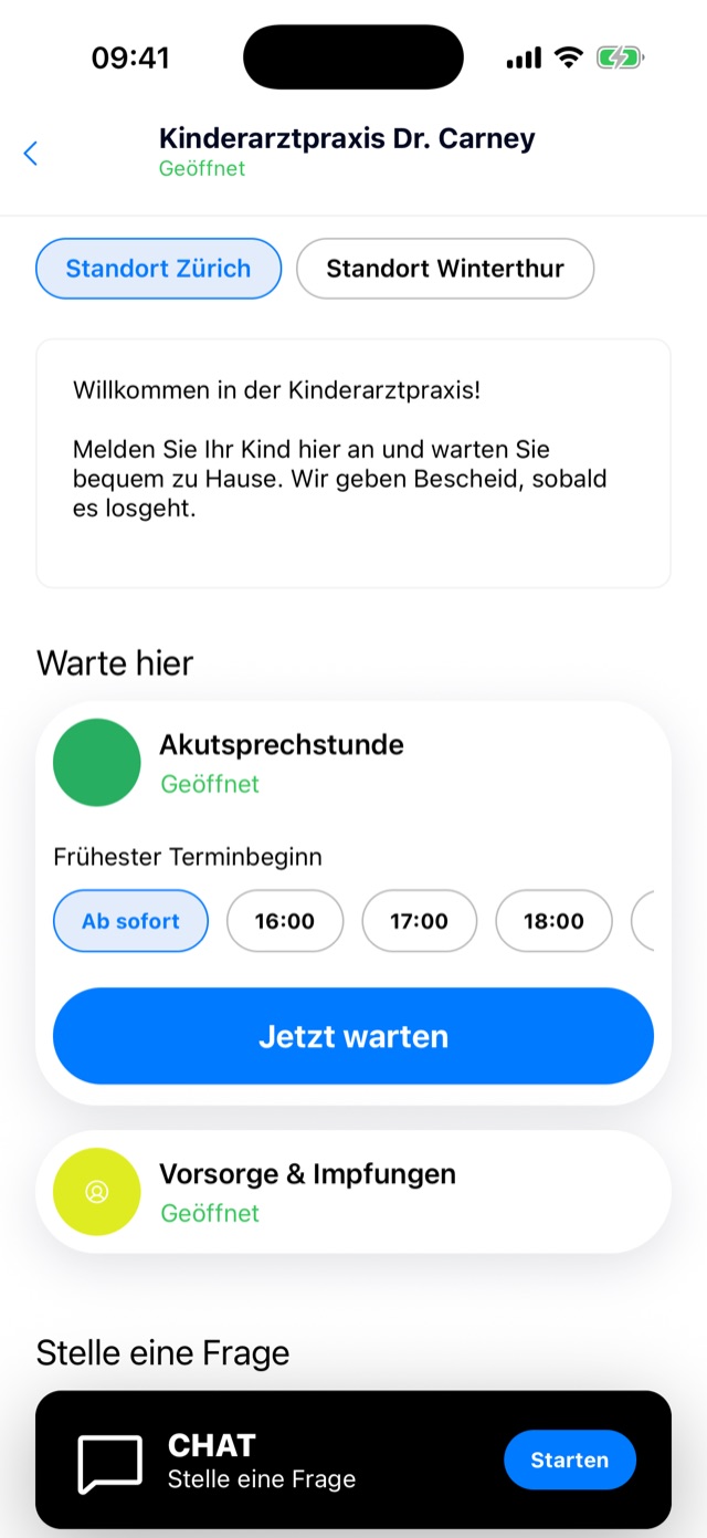 Dr.wait App: Praxisseite mit Akutsprechstunde und Vorsorge
