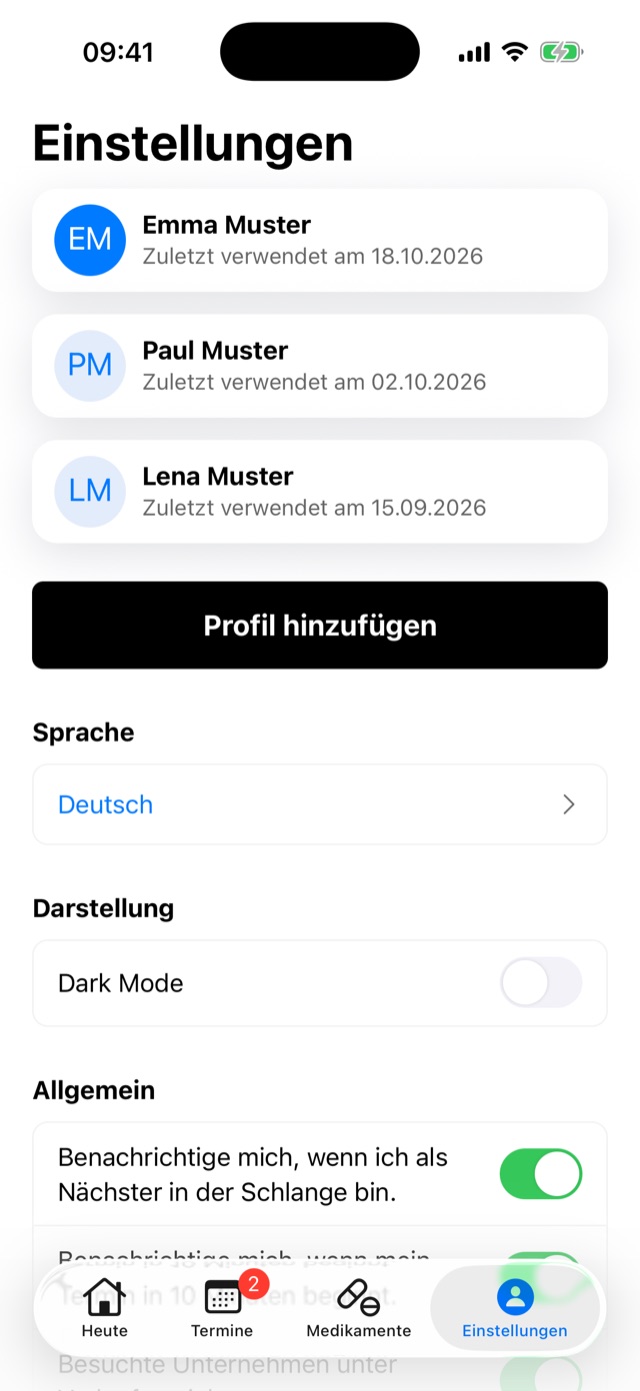 Dr.wait App: Profile für Emma, Paul und Lena