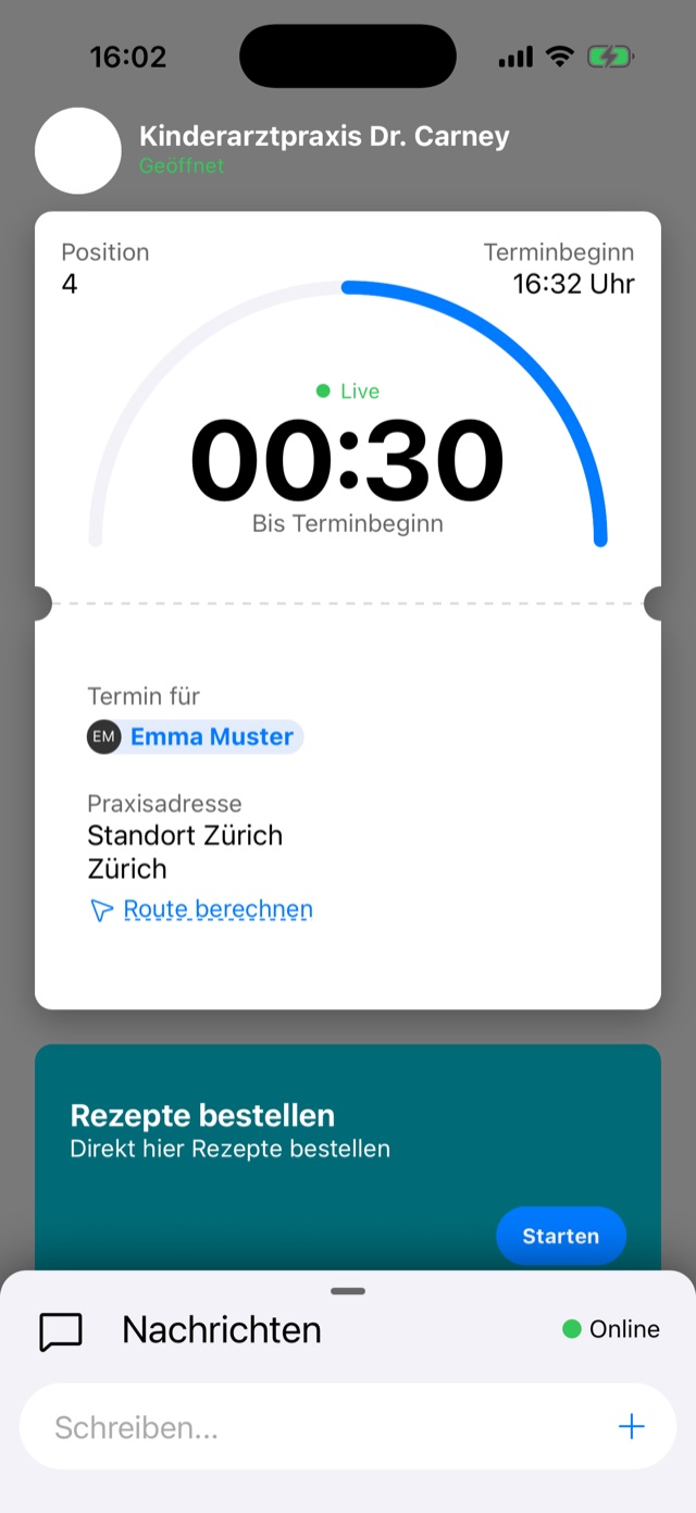 Dr.wait App: Live-Wartezeit, Termin für Emma Muster