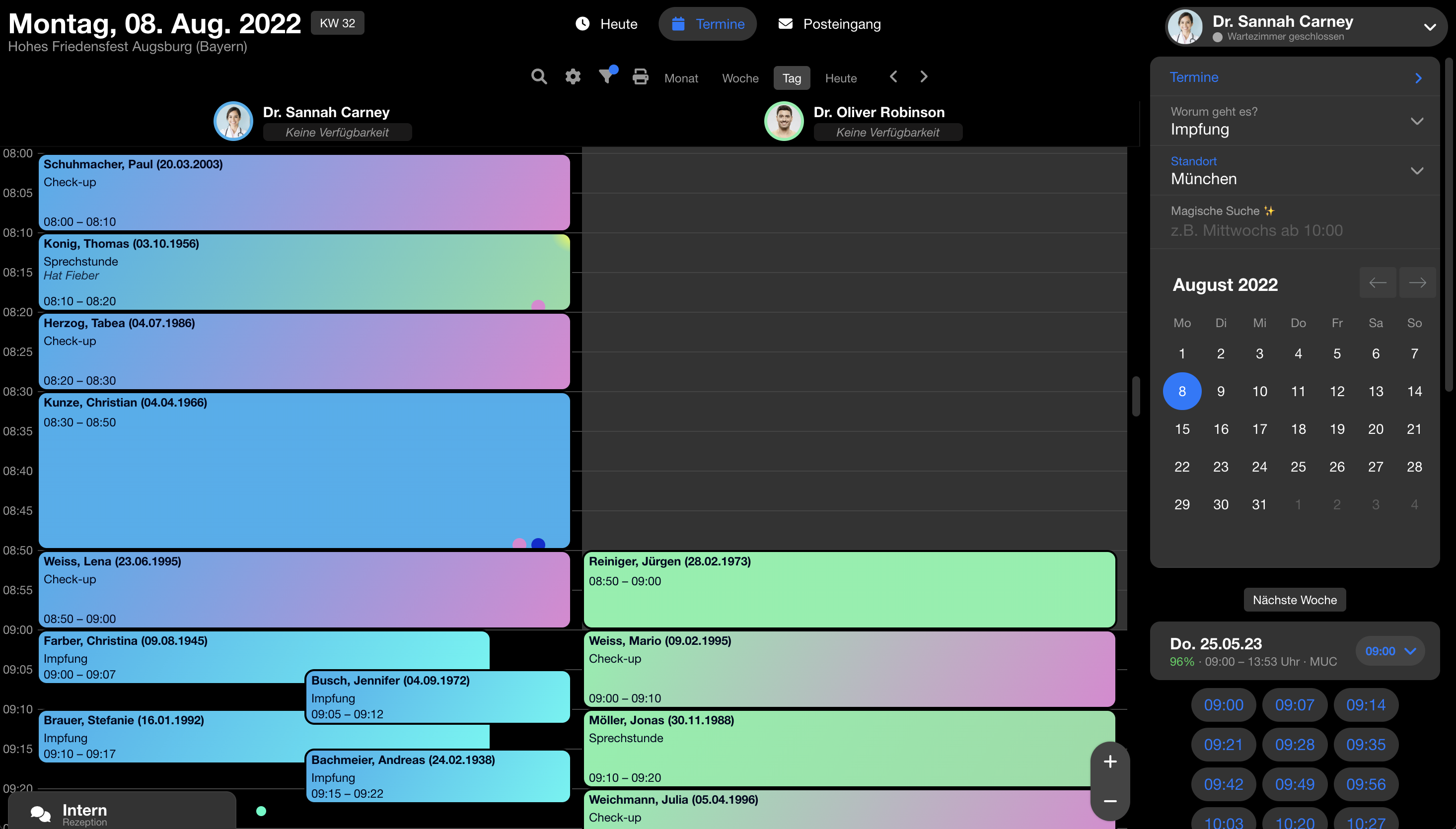 Dr.wait Terminplaner: Kalenderansicht und Online-Terminbuchung