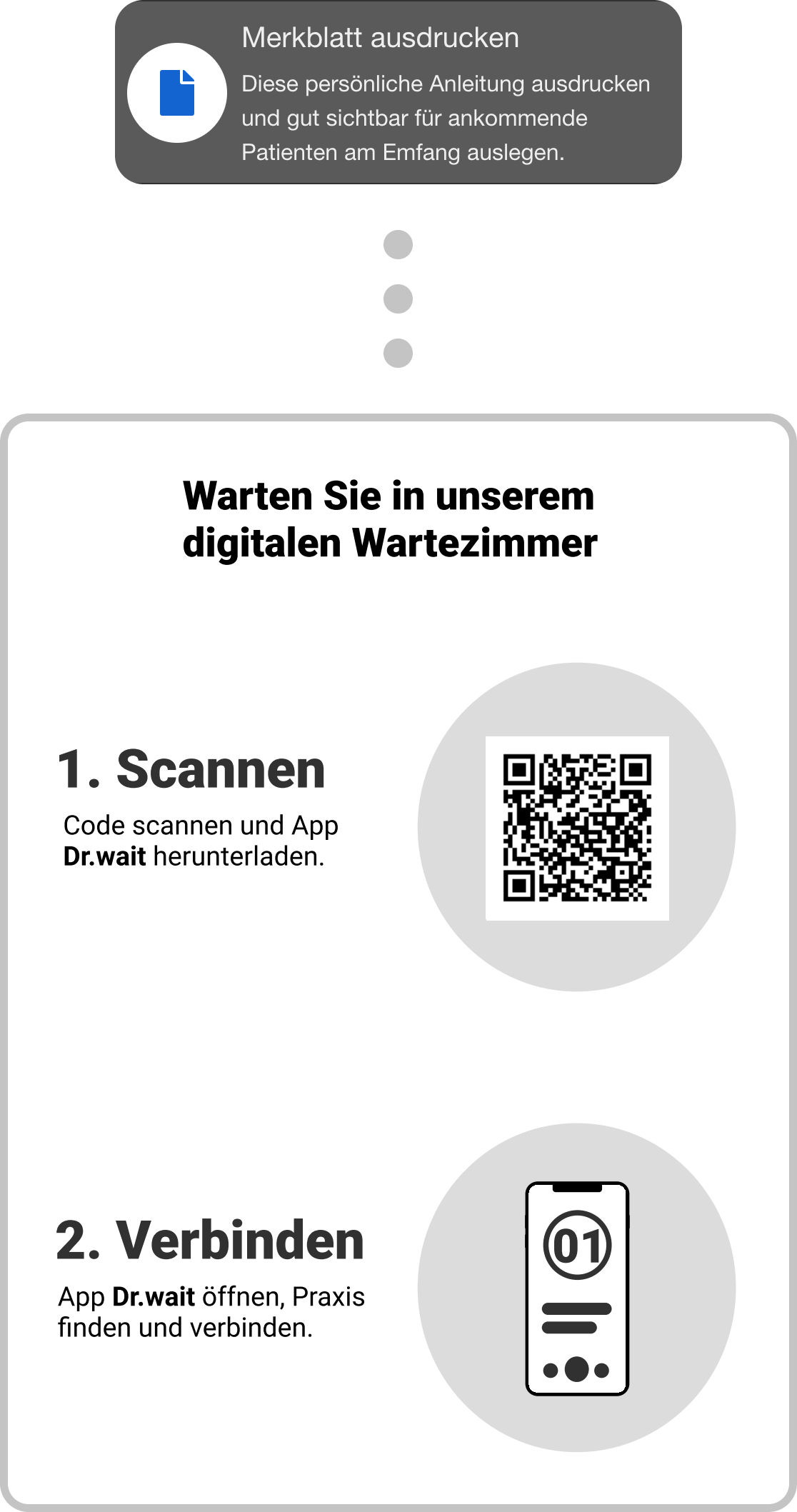 Ausdruckbare Anleitung und QR-Code zur Verbindung mit dem digitalen Wartezimmer