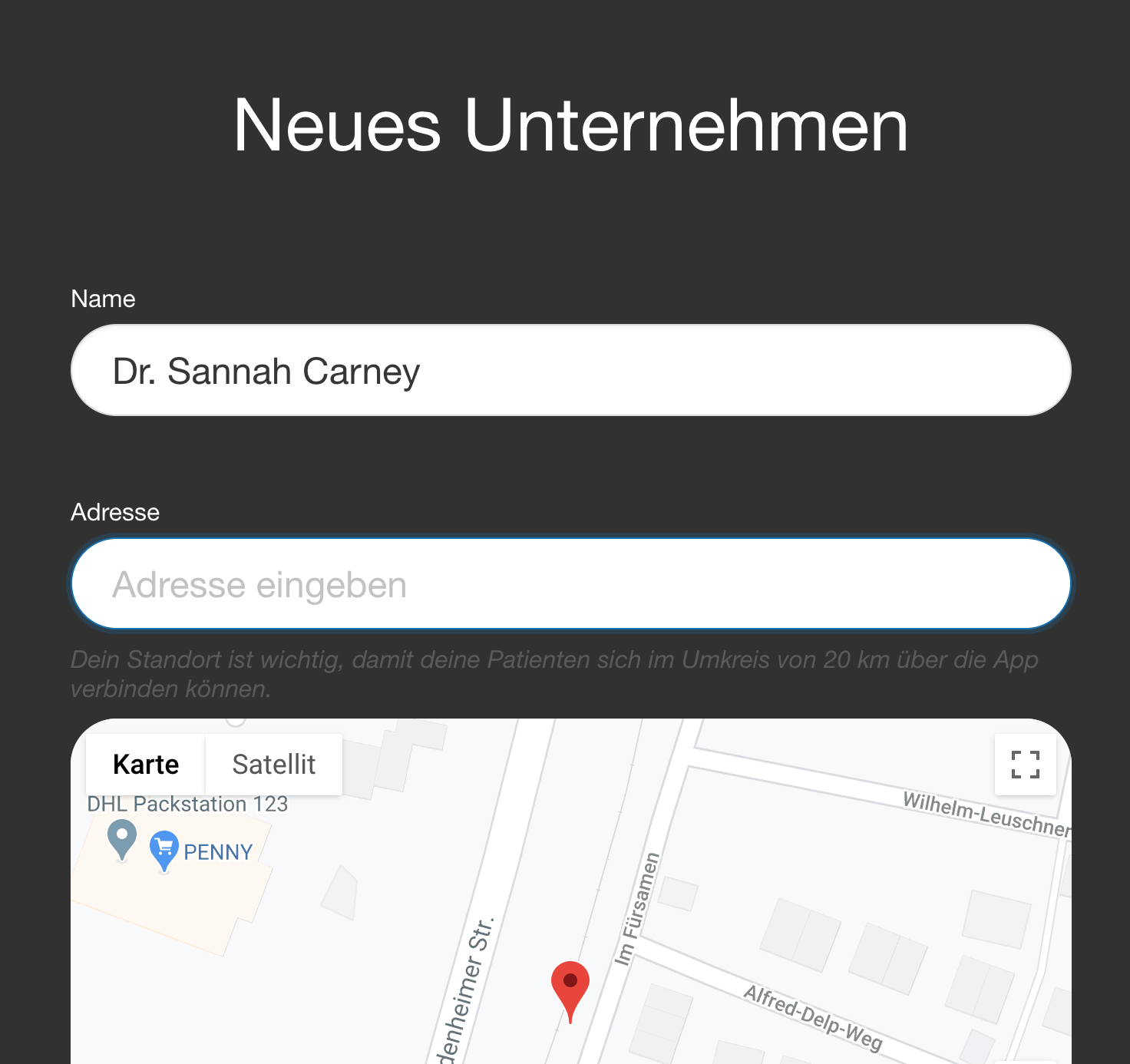 Um ein Praxisprofil zu erstellen, geben Sie Name und Adresse Ihrer Praxis ein.