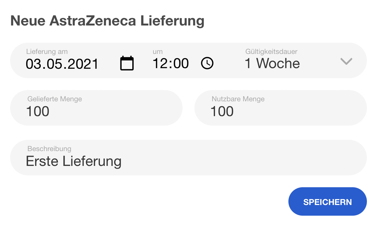 Eine Impfstofflieferung hat stets einen Lieferzeitpunkt, eine Gültigkeitsdauer und eine Menge. Alle diese Angaben beeinflussen später die verfügbaren Termine.