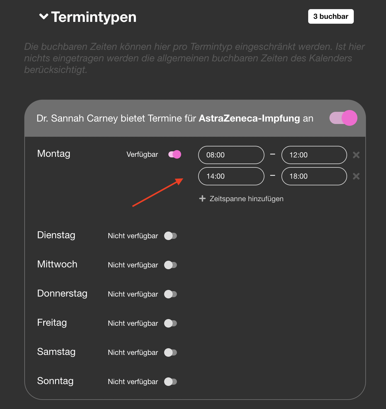 Hier werden Impftermine nur montags zwischen 8 -und 12 Uhr sowie zwischen 14 -und 18 Uhr vergeben.